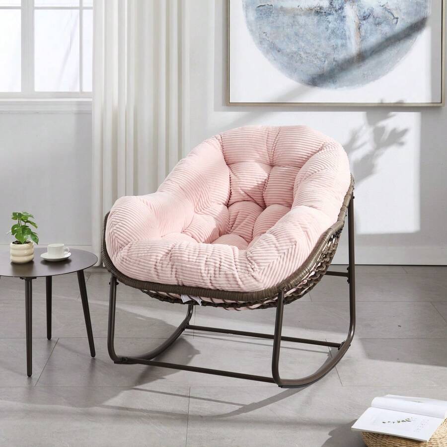 Silla mecedora de ratán para exteriores, silla reclinable con cojín acolchado para exteriores, para porche delantero, sala de estar, patio, jardín. 
 Blanco M4QV - Rosa + Acero + Algodón - Ver 1
