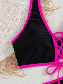 2pcs/Set Women's Hollow Out Criss-Cross Tie Front Sexy Fashionable Patchwork Bikini Swimwear, Suitable For Beach Holiday Vacation Summer - Multicolor - View 8