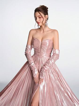 Anymoon Vintage Elegant Luxury Rose Gold Pleated Satin Strapless Backless Tie-Up Long High Slit Maxi Dress With Detachable Sleeve, Suitable For Graduation Prom, Red Carpet, Wedding Guest, Formal Gala, Royal Party, Eid Celebration