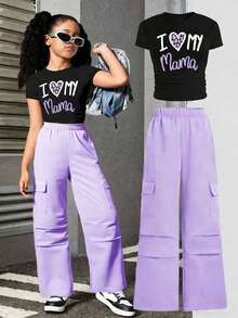 Tween Girl Letter Graphic Print Crew Neck Long Sleeve Top And Pants Set - Black - View 3