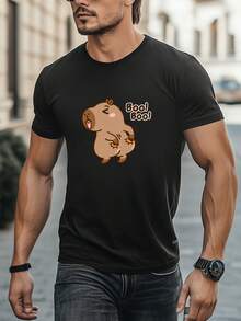 Camiseta de algodón negra para hombres con capibara juguetón ;BOO! ; Impresión - Cuello Redondo Casual. Manga corta. Perfecto para actividades al aire libre en verano; deportes - Negro - Ver 7