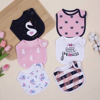 6pcs Cartoon Printed Adjustable Snap Bibs, Waterproof Baby Feeding Burp Cloths, Suitable For Spring, Summer, Autumn And Winter