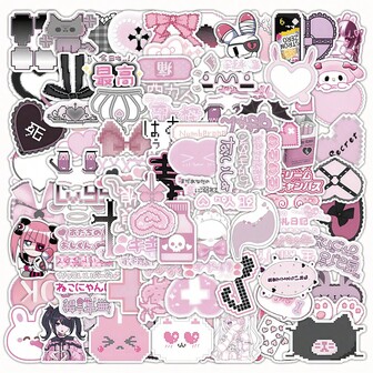 103 PCS Y2K Pink Anime Stickers, Sweet Edgy Dark Kawaii With Hearts, Cartoon Characters & Japanese Text, Aesthetic Vinyl Decals For Journal, Skateboard, Tech Devices Decor