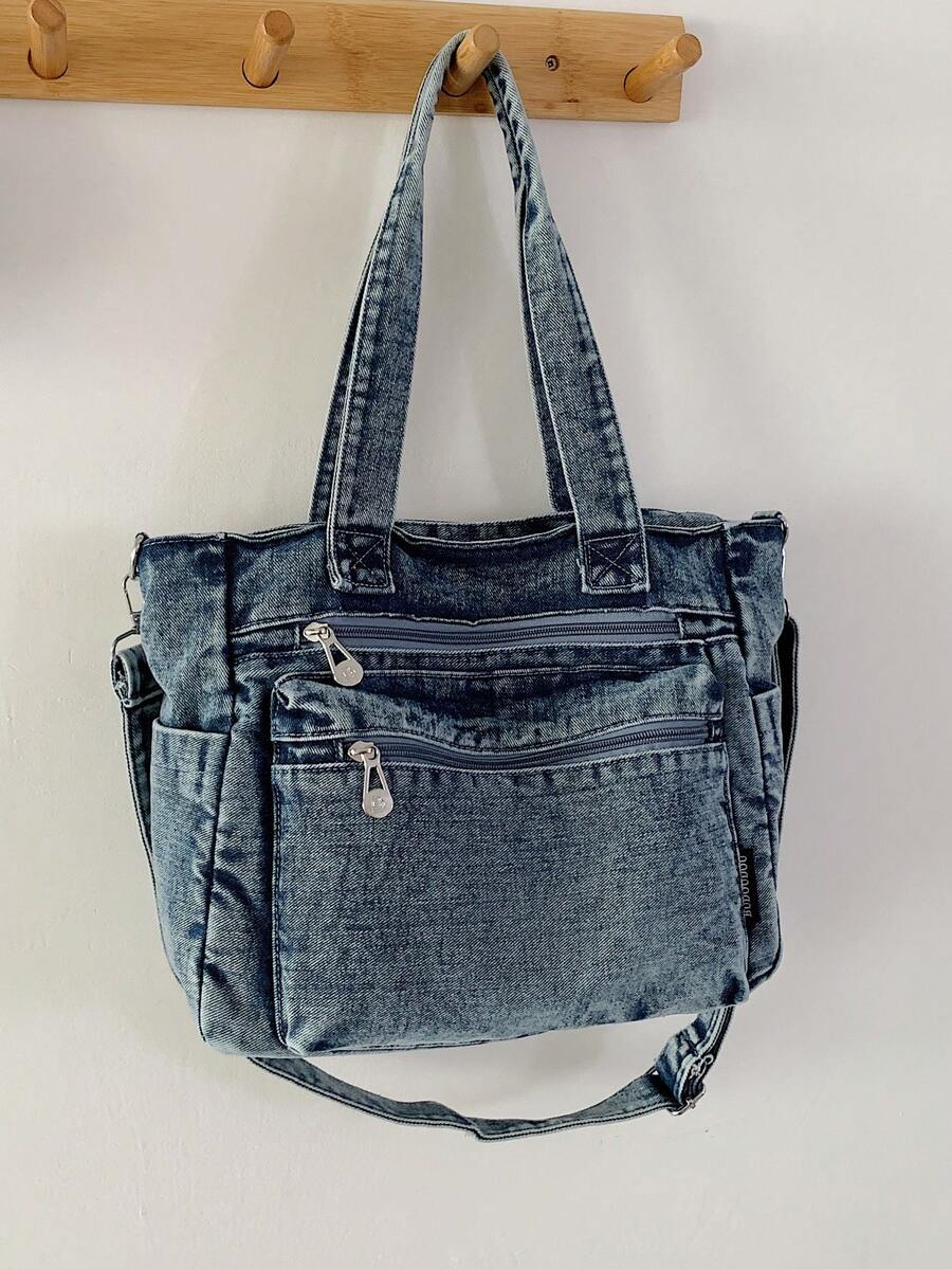 Túi tote jeans nhiều ngăn thời trang mới, túi đeo vai cỡ lớn đa năng dành cho nữ, túi đi học kiểu sinh viên, túi đeo chéo jeans cỡ trung, phù hợp cho đi làm, mua sắm, sử dụng hàng ngày và đi học, hoàn hảo cho phong cách cao bồi.