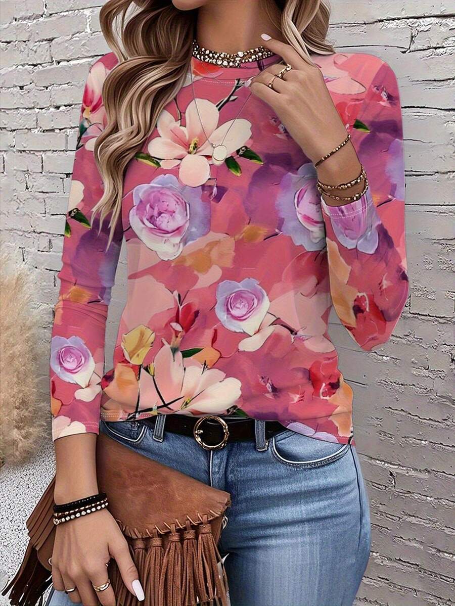 Women's Full-Body Multicolor Floral Print T-Shirt With Pink Roses & Peonies - Oversized Round Neck Long Sleeve Blouse, All-Over Flower Pattern Top, Machine Washable Spring/Fall Layering Piece For Casual & Dressy Outfits - 彩色 - 查看 1