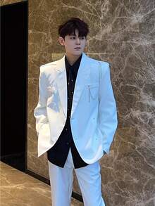 Men's Black Oversized Splatter Paint Blazer With Decorative Chain - Best Seller Streetwear Casual Formal Daily Outerwear - 黑色 - 查看 5