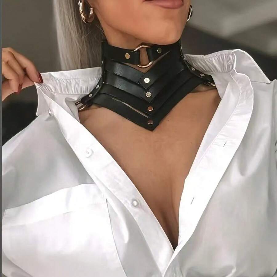 1 Piece Fashion Punk Gothic Rivet Leather Choker Necklace Unique Choker Collar Design Sense Clavicle Chain Versatile Choker - 黑色 - 查看 1