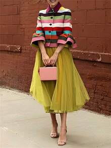 Magic Mia Striped Winter Jacket For Women, Colorful, Ruffled Cropped Sleeves And Lapel Collar, Urban And Chic, Perfect For Work And Weekend Casual - Nhiều màu - Xem 2