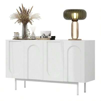 Modern Minimalist White Sideboard With 4 Türen Im Bogenmuster Für Esszimmer Und Wohnzimmer (Weiß)