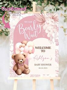 Customized Shower Welcome Sign - Customize The Name And Date, Pink And Gold Room Decorations With Teddy Bears And Balloons, Wreath-Style Banner Suitable For Baptisms, Weddings, Gender Reveal Parties - Christmas Decorations That Require No Power - Multicolor - View 1
