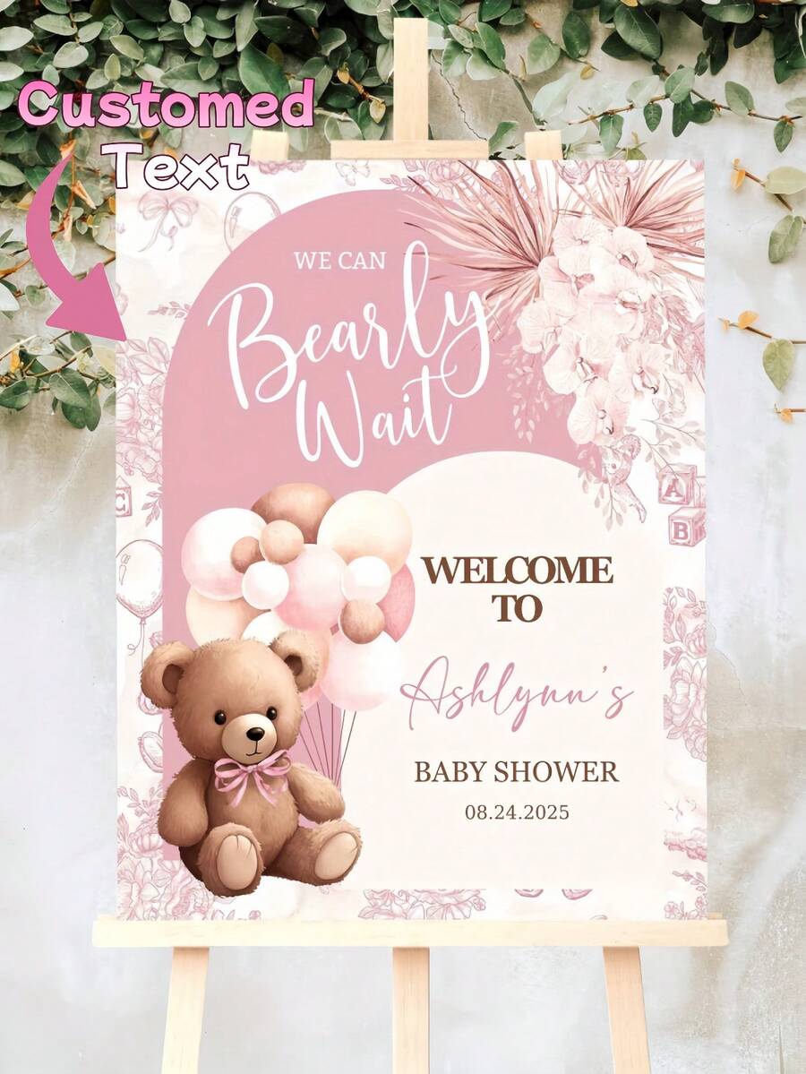 Customized Shower Welcome Sign - Customize The Name And Date, Pink And Gold Room Decorations With Teddy Bears And Balloons, Wreath-Style Banner Suitable For Baptisms, Weddings, Gender Reveal Parties - Christmas Decorations That Require No Power - Multicolor - View 1