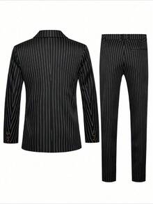 2pcs Men's Suit Set, Vertical Striped Double-Breasted Blazer Jacket And Pants, Suitable For Business, Wedding, Party, Formal Occasions - Black - View 4