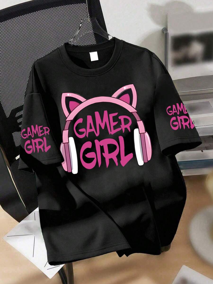 1pc Girl's Gamer T-Shirt With Cat Ear Headphone Graphic, Soft & Comfortable Fabric, Suitable For School & Daily Wear In Summer - Black - View 1