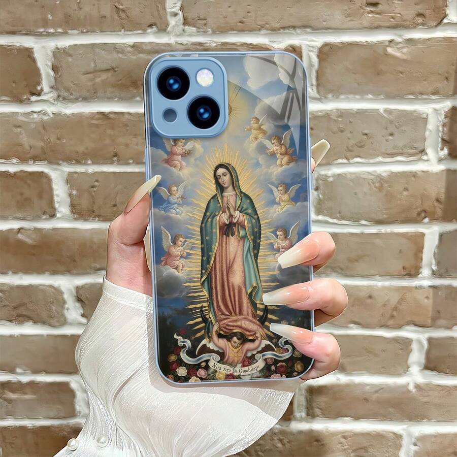 1 pieza Funda protectora de teléfono con Diseño De Virgen De Guadalupe Protege Celular Único Diseño Mexicano con cristal de imitación chapado en lujo, a prueba de golpes,Protección completa contra caídas, resistencia a impactos y prevención de rayaduras, compatible con  17/17 Air/17 Pro/17 Pro Max, 16, 16 Pro, 16 Plus, 16 Pro Max, 15, 14, 14 Pro Max, 13, 12, 11,Galaxy A55/A54/S23 Ultra/S22 Ultra/S23,Cristal Realista de Alta Definición,diseño creativo y de moda para hombres y mujeres" - Azul - Ver 1