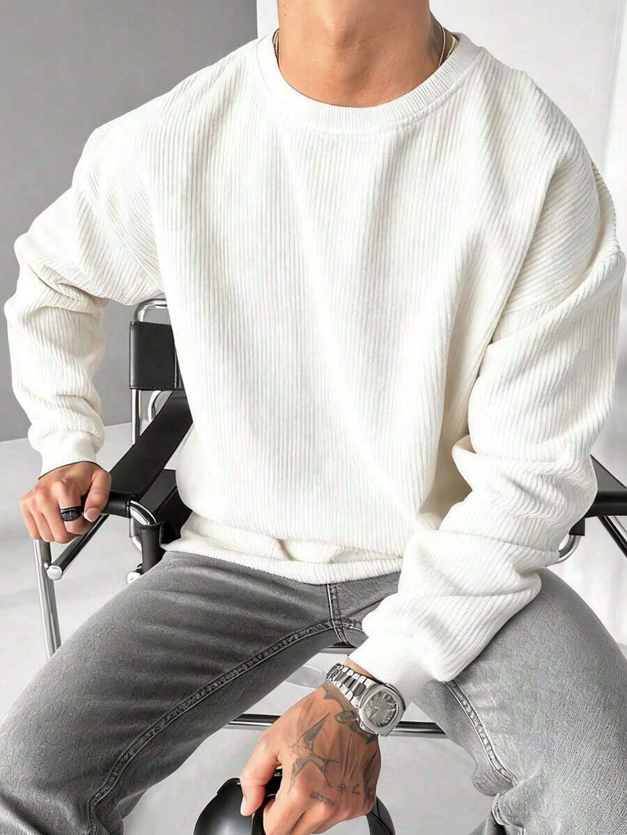 Men's Corduroy Crewneck Sweatshirt Spring/Autumn Solid Color Casual Versatile Long-Sleeve Pullover Sports Shirt Comfortable Fabric Round Neck - 白色 - 查看 1