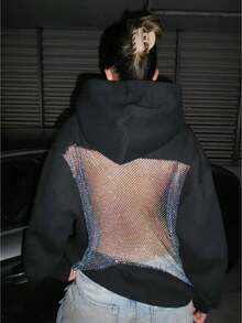 Womens Hooded Sweatshirt Long Sleeve Solid Color Casual Tops With Sparkling Mesh Panel - Black - View 1