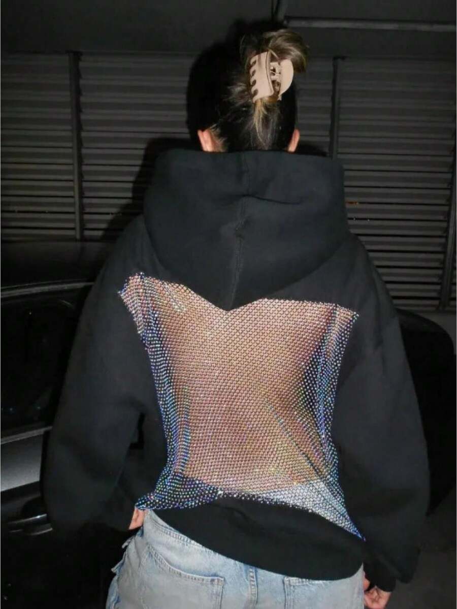Womens Hooded Sweatshirt Long Sleeve Solid Color Casual Tops With Sparkling Mesh Panel - Black - View 1