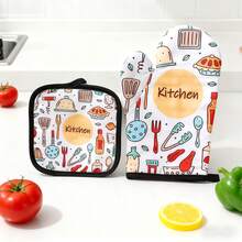 Cute Printed Pattern Oven Mitt + Matching Printed Pad - Thick, Suitable For Cooking, Grilling And Microwave Use