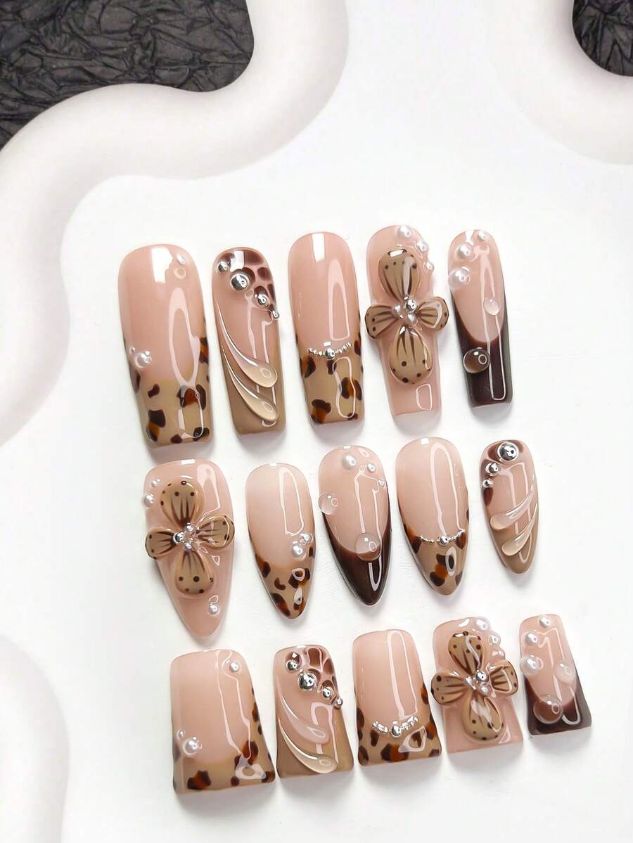 10pcs Autumn Acrylic Nail Art Set, Includes Press-On Nail Stickers, Almond-Shaped Nail Stickers, Square Nail Stickers, Duck Bill Nail Stickers, Brown Gel Nail Stickers, Leopard Print Nail Stickers, Pinched Flower Nail Decorations, Faux Pearl & Metal Bead Decorations, With Tool Kit, Suitable For Women & Girls, Daily Photography, Autumn/Winter Nail Care Nails Nail Supplies Handmade Press On Nails - Nhiều màu - Xem 1