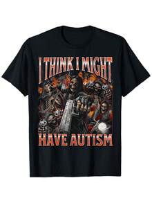 Creo que podría tener autismo - Camiseta gráfica de pirata esqueleto divertida - Letras naranjas en negrita; Diseño atrevido. Camiseta Casual de Corte Holgado para Hombres y Mujeres. Ropa de Humor para la Concientización sobre el Autismo. Ropa de exterior de primavera y verano. Camiseta de autismo. Tela de Estiramiento Medio - Negro - Ver 1