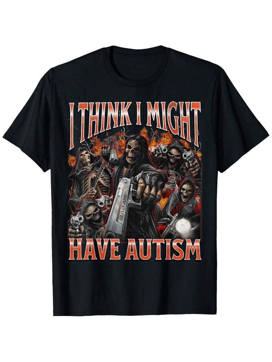 Creo que podría tener autismo - Camiseta gráfica de pirata esqueleto divertida - Letras naranjas en negrita; Diseño atrevido. Camiseta Casual de Corte Holgado para Hombres y Mujeres. Ropa de Humor para la Concientización sobre el Autismo. Ropa de exterior de primavera y verano. Camiseta de autismo. Tela de Estiramiento Medio - Negro - Ver 1