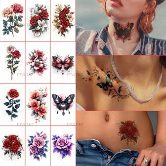 14pcs Fashionable Floral Temporary Tattoo Stickers, Butterfly, Rose & Watercolor Fake Tattoos For Arm, Collarbone, Ankle Body Art, Durable Waterproof, Realistic Watercolor Floral Temporary Tattoo Stickers For Finger, Neck