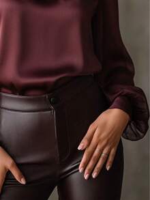 Áo kiểu dáng rộng rãi, màu trơn, chất liệu satin, tay phồng, thích hợp cho nữ, mùa xuân/hè. - Màu Đỏ Sâu - Xem 2