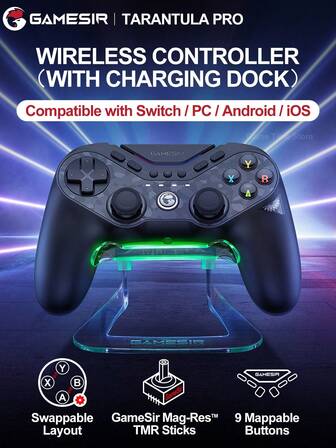  GameSir Tarantula Pro Mando inalámbrico compatible con Switch PC Steam Android IOS Teléfono móvil Palancas de alta resolución TMR Disparadores de efecto Hall Interruptor ABXY Soporte para 9 botones de expansión Efecto de iluminación personalizable Batería de 1200mAh 6 ejes Giroscopio con función NFC con base de carga
