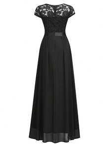 Elegant Floral Lace V Neck Cap Sleeve Pleated Hem Chiffon Formal Party Dress, Prom Evening Dress, For Wedding Guest, Graduation, Dinner - màu đen - Xem 8