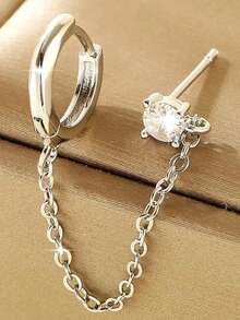 1pc Fashionable Copper Geometric Round Hoop Earrings With Chain, Gift For Women - Multicolor - View 21