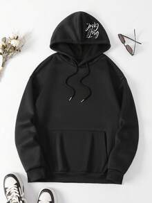 Plus Size Women's Graphic Print Sweatshirt With Drawstring, Pockets And Hood; Plus Size Women's Pullover Sweatshirt For Autumn/Winter Casual Black - Black - View 2