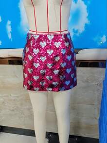 Sparkly Pink Sequin Heart Mini Skirt - Valentine's Day Glittery Party Clubwear For Women - 金色 - 查看 4