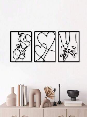 3pcs/Set Holding Hands/Love/Kissing Metal Line Decorative Paintings, Suitable For Bedroom, Study, Etc. Beautiful Paintings