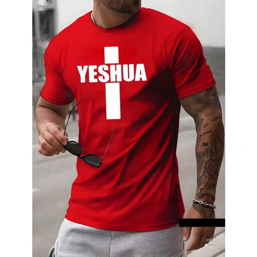 Camiseta Masculina Algodão Yeshua Cruz Jesus Cristo Street Camisa - Vermelho - Visão 1