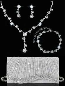 Shiny Women's Clutch Bag, New Rhinestone Evening Bag, Women's Party Bag, Luxury Envelope Bag, Bridal Wedding Bag, Matching Shiny Rhinestone Jewelry Set (Rhinestone Necklace, Earrings, Bracelet), Suitable For Parties, Galas, Gatherings, Balls, Weddings And Other Occasions - Silver - View 1