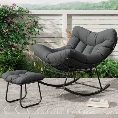 Silla Mecedora con Reposapiés Integrado - Sillón Huevo de Ratán para Exterior e Interior | Marco de Metal Resistente, Gran Tamaño | Ideal para Patio, Balcón, Porche, Dormitorio o Salón