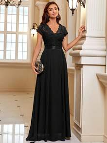 Elegant Floral Lace V Neck Cap Sleeve Pleated Hem Chiffon Formal Party Dress, Prom Evening Dress, For Wedding Guest, Graduation, Dinner - màu đen - Xem 5