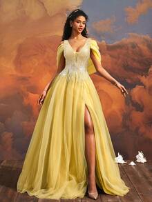 VIPGIRL 长款亮片优雅网纱女士晚礼服，黄色高开衩正式连衣裙 - 黃色 - 查看 1