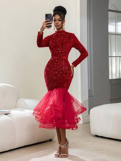 Faeriesty 优雅亮片中长派对礼服，层叠薄纱裙摆——为高端派对、音乐节、红毯活动、伴娘礼服和奢华晚宴增添魅力与风采