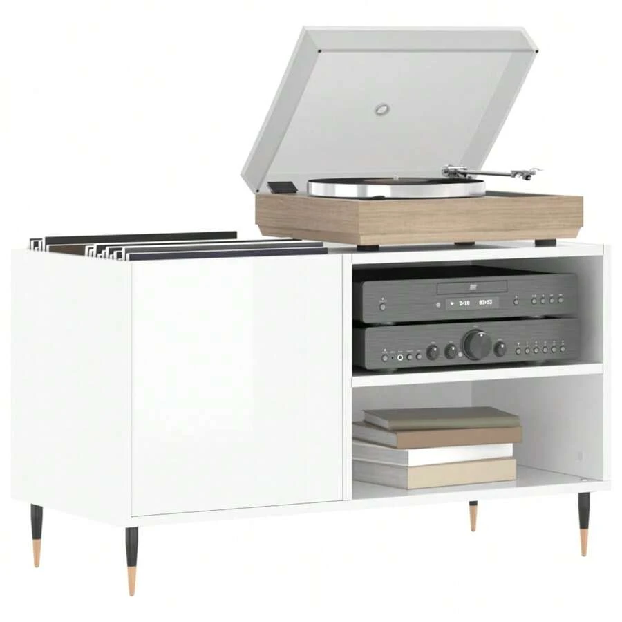Armário para discos de vinil vidaXL, branco brilhante, 85x38x48 cm, material à base de madeira. - Branco - Ver 1