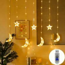 1串200厘米月亮星星LED灯，USB供电，暖白光和金光，8种模式，新月星形，适用于斋月、开斋节、婚礼、派对，也可作为户外仙女灯（USB插电式）