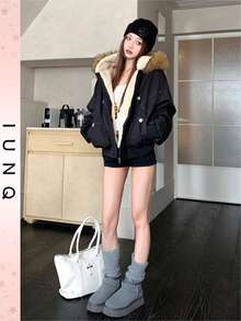 IUNQ [FREE SHIPPING]Women's Winter Fleece Lined Down Jacket, Millennial Zip-Up Hooded Puffy Coat, Detachable Fleece Collar, Button And Pocket Design, Suitable For Office Casual And Daily Commuting Winter Wear. - Black - View 11