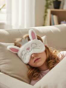 1pc Plush Crown Rabbit Sleep Eye Mask, For Children 8+ Years Old, Teens & Adults, Adjustable Satin Eye Shade, Sleeping Mask, Suitable For Napping, Airplane Travel, Hot/Cold Therapy - White - View 10