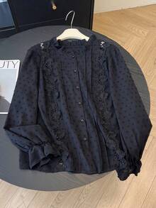Áo kiểu nữ cỡ lớn thời trang thường ngày màu đen, chất liệu jacquard, phối ren, tay dài, thích hợp mặc hàng ngày, hẹn hò ngày Valentine, đi làm, đi nghỉ lễ, dự đám cưới. - màu đen - Xem 4