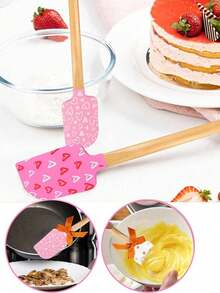 1pc Valentine's Day Silicone Spatula With Wooden Handle, Heat-Resistant Baking Scraper With Pink Satin Bow Tie, Suitable For Baking & Cooking - Multicolor - View 7