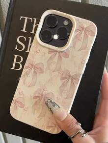 1 pieza Funda de teléfono con diseño de lazo rosa y textura de cuero blanco minimalista, compatible con iPhone 16 Pro Max, 15, 14 Plus, 13, 12, 11 - Multicolor - Ver 2