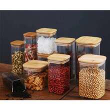 5/9/14/27/34OZ Square Glass Storage Jars Set, Stackable Kitchen Canisters With Airtight Bamboo Lids, Wide Mouth Clear Food Containers For Nuts Coffee Beans Spices Biscuits, Ideal Holiday Gift - Nhiều màu - Xem 10
