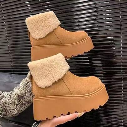 Women's Faux Suede Thick Sole Snow Boots, Women's Winter Shoes, Ankle-Length Design, Round Toe, Thick Lugged Sole, Brown Casual Warm Winter Shoes, Suitable For Daily Wear