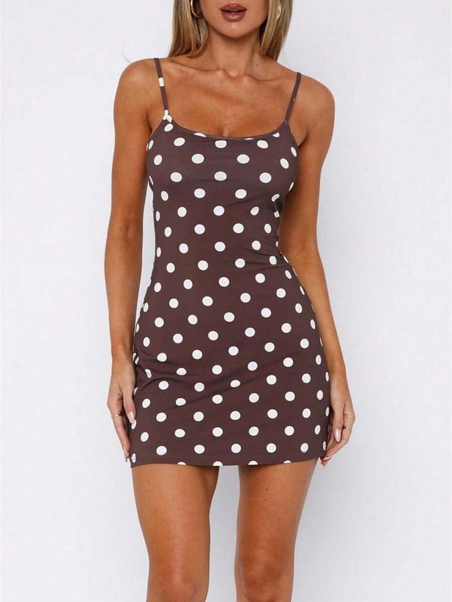 Women's Y2k Polka Dots Slip Mini Dress Fashion Spaghetti Strap U Neck Short Dresses Going Out Date Night Dresses Party Wear - 紅棕色 - 查看 1