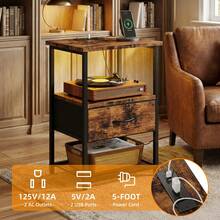 Tomnk 2pcs Modern LED Bedside Table With Charging Station & Fabric Storage Drawers, PU Finish Nightstand For Bedroom - 美規B型插(110-127V) - 查看 5